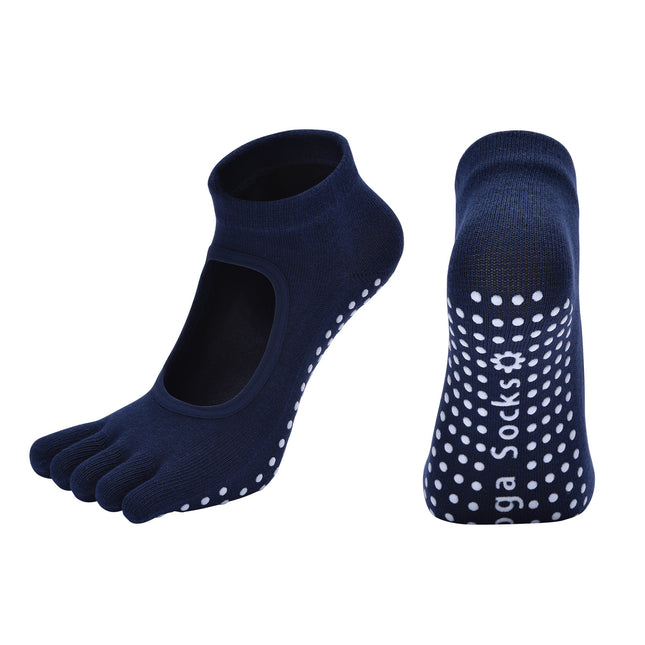 Navy Blue 3-Pack Women's Non-Slip Five-Finger Yoga Socks - Open Back Combed Cotton Pilates & Fitness Grip Socks for Professional Exercise.