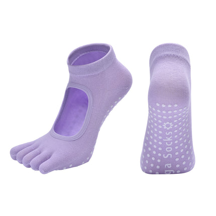 Light Purple 3-Pack Women's Non-Slip Five-Finger Yoga Socks - Open Back Combed Cotton Pilates & Fitness Grip Socks for Professional Exercise.