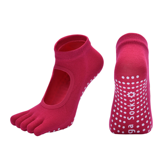 Rose Red 3-Pack Women's Non-Slip Five-Finger Yoga Socks - Open Back Combed Cotton Pilates & Fitness Grip Socks for Professional Exercise.