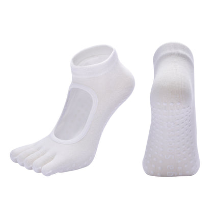 White 3-Pack Women's Non-Slip Five-Finger Yoga Socks - Open Back Combed Cotton Pilates & Fitness Grip Socks for Professional Exercise.
