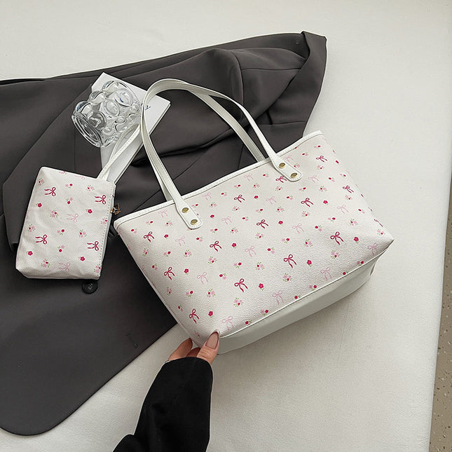 White Large Capacity Daily Commuter Tote Bag Set | Versatile Shoulder Handbag with Matching Pouch | 38cm Length Casual Carryall.