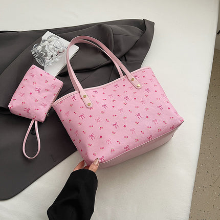 Pink Large Capacity Daily Commuter Tote Bag Set | Versatile Shoulder Handbag with Matching Pouch | 38cm Length Casual Carryall.