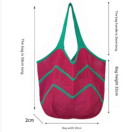 Green Bohemian Chic Knit Tote Bag | Large Capacity Chevron Weave Shoulder Bag | Fashionable Casual Mesh Carryall.