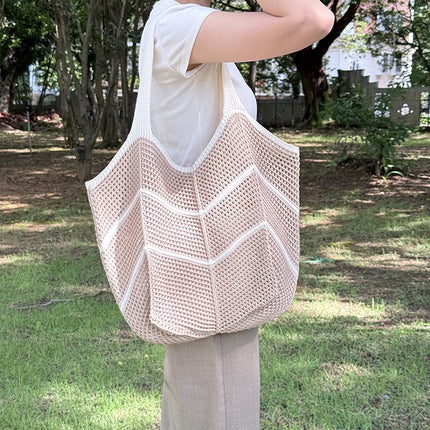 Khaki Bohemian Chic Knit Tote Bag | Large Capacity Chevron Weave Shoulder Bag | Fashionable Casual Mesh Carryall.