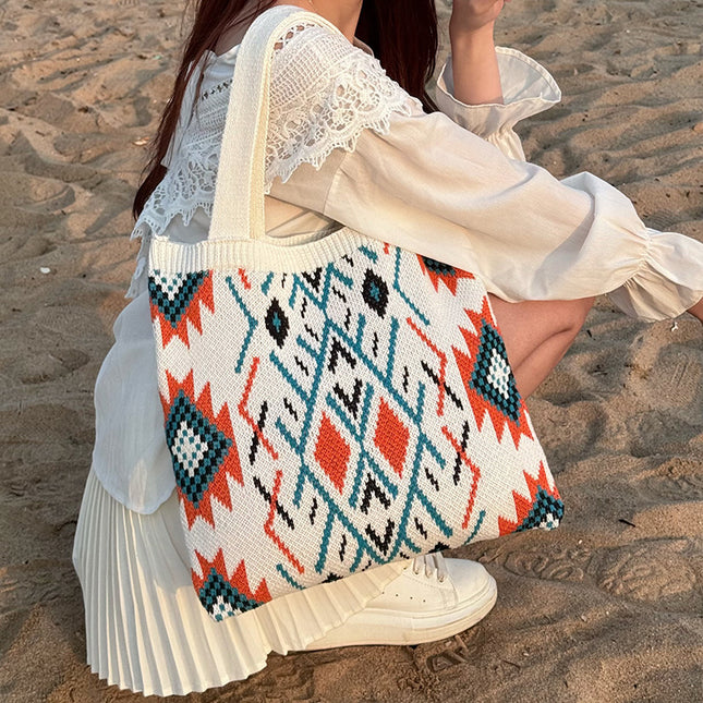 Beige Bohemian Tribal Print Knit Tote Bag | Large Capacity Woven Style Handbag | Fashion Ethnic Shoulder Carryall.
