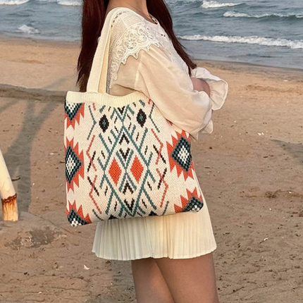 Beige Bohemian Tribal Print Knit Tote Bag | Large Capacity Woven Style Handbag | Fashion Ethnic Shoulder Carryall.