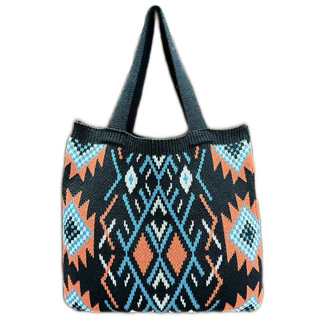 Black Bohemian Tribal Print Knit Tote Bag | Large Capacity Woven Style Handbag | Fashion Ethnic Shoulder Carryall.