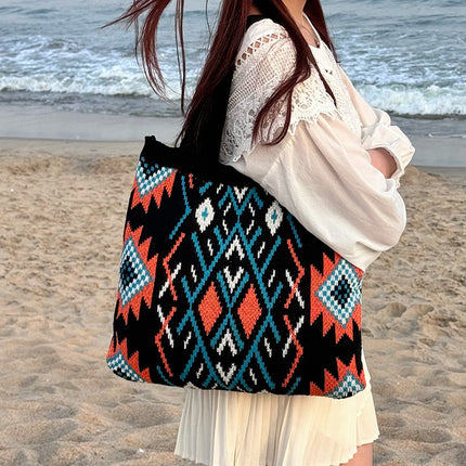 Black Bohemian Tribal Print Knit Tote Bag | Large Capacity Woven Style Handbag | Fashion Ethnic Shoulder Carryall.
