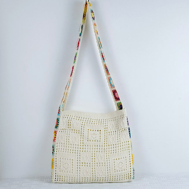 Beige Chic Bohemian Hollow Knit Tote Bag | Large Capacity Crossbody Shoulder Bag | Versatile Casual Holiday Style.