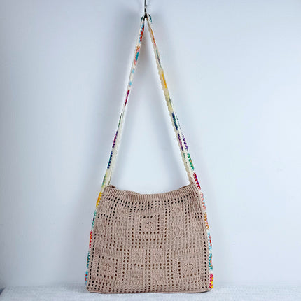 Light Khaki Chic Bohemian Hollow Knit Tote Bag | Large Capacity Crossbody Shoulder Bag | Versatile Casual Holiday Style.