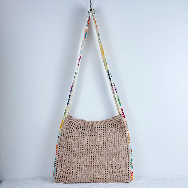 Light Khaki Chic Bohemian Hollow Knit Tote Bag | Large Capacity Crossbody Shoulder Bag | Versatile Casual Holiday Style.