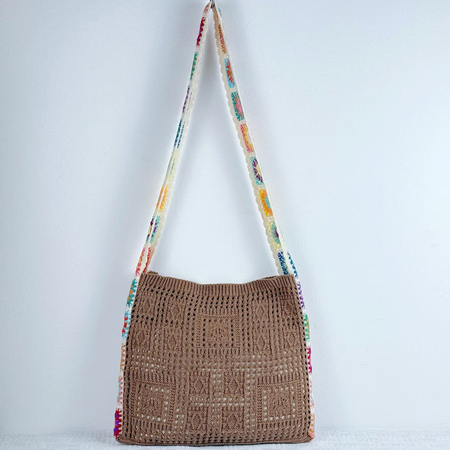 Coffee Chic Bohemian Hollow Knit Tote Bag | Large Capacity Crossbody Shoulder Bag | Versatile Casual Holiday Style.