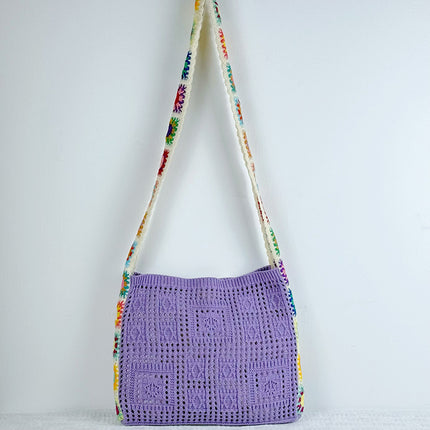 Purple Chic Bohemian Hollow Knit Tote Bag | Large Capacity Crossbody Shoulder Bag | Versatile Casual Holiday Style.