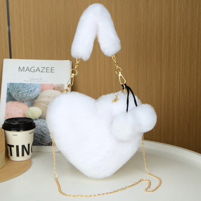 White 2PCS Luxury Faux Rabbit Fur Heart-Shaped Handbag | Adorable Plush Crossbody Shoulder Bag | Fashionable Statement Piece.