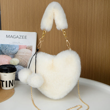 Beige 2PCS Luxury Faux Rabbit Fur Heart-Shaped Handbag | Adorable Plush Crossbody Shoulder Bag | Fashionable Statement Piece.