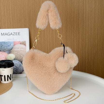 Khaki 2PCS Luxury Faux Rabbit Fur Heart-Shaped Handbag | Adorable Plush Crossbody Shoulder Bag | Fashionable Statement Piece.