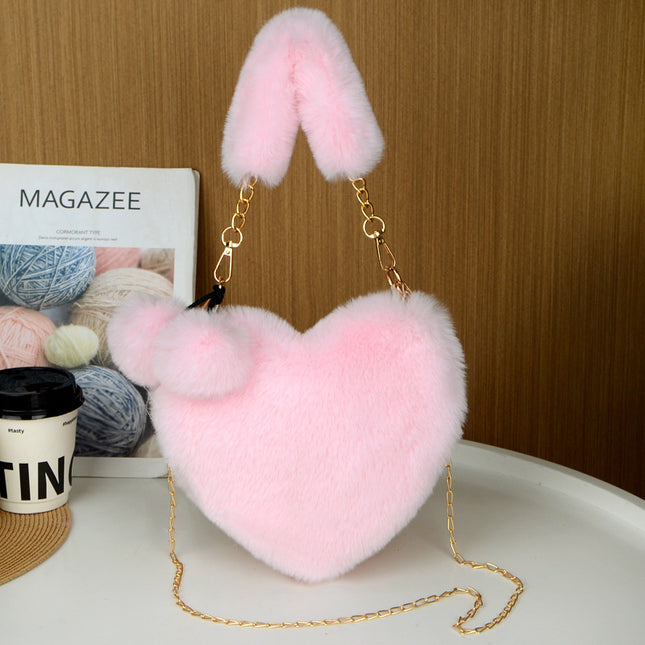 Pink 2PCS Luxury Faux Rabbit Fur Heart-Shaped Handbag | Adorable Plush Crossbody Shoulder Bag | Fashionable Statement Piece.