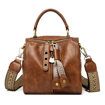 Brown Vintage Look PU Leather Box Bag | Stylish Top Handle Crossbody Tote | Multi-Carry Bucket Bag with Wide Strap.