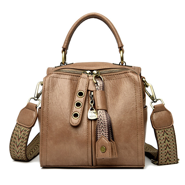 Khaki Vintage Look PU Leather Box Bag | Stylish Top Handle Crossbody Tote | Multi-Carry Bucket Bag with Wide Strap.