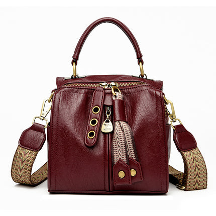 Red Vintage Look PU Leather Box Bag | Stylish Top Handle Crossbody Tote | Multi-Carry Bucket Bag with Wide Strap.
