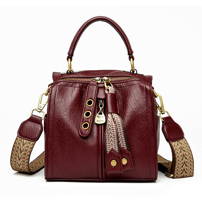 Red Vintage Look PU Leather Box Bag | Stylish Top Handle Crossbody Tote | Multi-Carry Bucket Bag with Wide Strap.