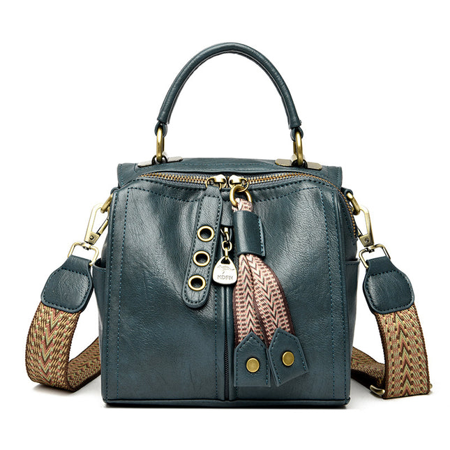 Blue Vintage Look PU Leather Box Bag | Stylish Top Handle Crossbody Tote | Multi-Carry Bucket Bag with Wide Strap.