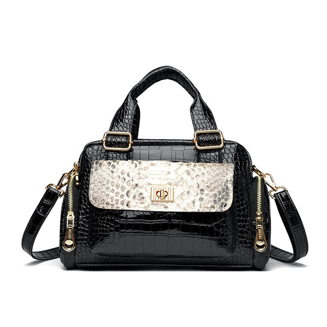Black Luxurious Patterned Handbag | Structured Top Handle Shoulder Bag | Fashion Trend High-Gloss Tote.