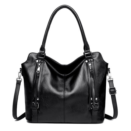 Black Vintage Soft PU Leather Tote Bag | Large Capacity Multi-Pocket Handbag | Convertible Shoulder & Crossbody Bag.
