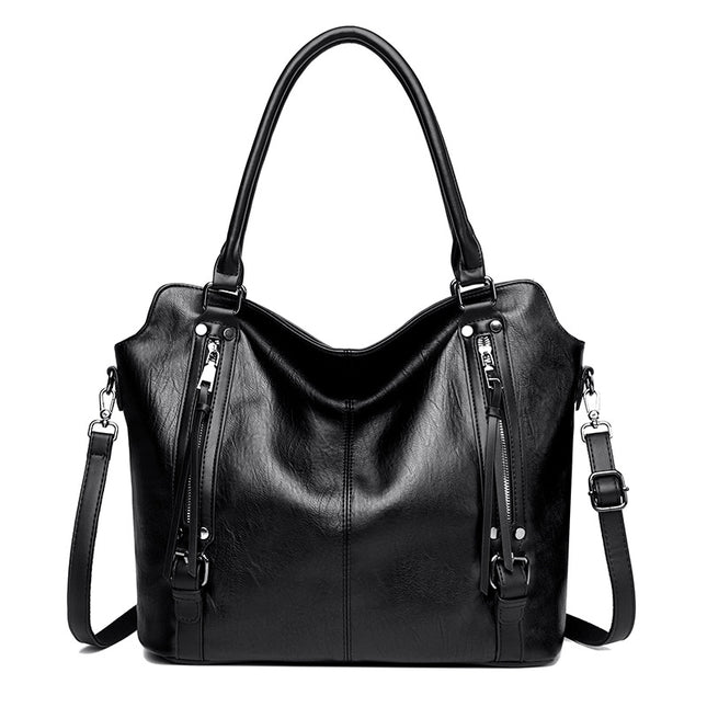 Black Vintage Soft PU Leather Tote Bag | Large Capacity Multi-Pocket Handbag | Convertible Shoulder & Crossbody Bag.