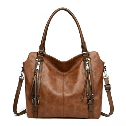 Brown Vintage Soft PU Leather Tote Bag | Large Capacity Multi-Pocket Handbag | Convertible Shoulder & Crossbody Bag.