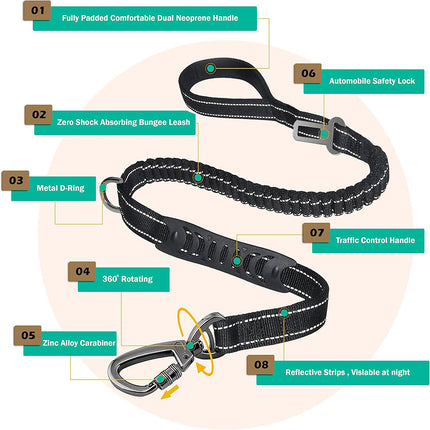 Khaki Heavy Duty Elastic Bungee Dog Leash | Anti-Pull Safety Shock Absorber | Multi-Functional Training Lead for Medium to Large Dogs.