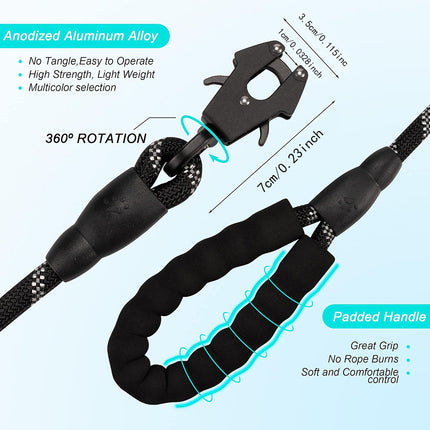 Black High Strength Nylon Rope Dog Leash | 1.5M Heavy Duty Lead with Anodized Frog Clip | Padded Comfort Handle for Training.