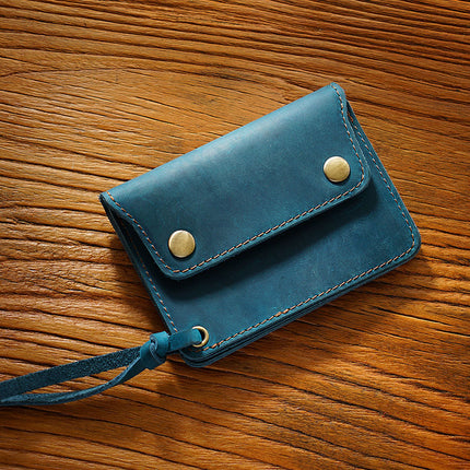 Blue Handmade Crazy Horse Leather Wallet Vintage Coin Purse Zipper Card Holder with Strap Snap Closure Top Layer Cowhide 12cm.