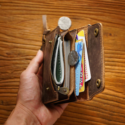 Blue Handmade Crazy Horse Leather Wallet Vintage Coin Purse Zipper Card Holder with Strap Snap Closure Top Layer Cowhide 12cm.