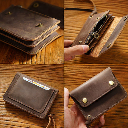 Blue Handmade Crazy Horse Leather Wallet Vintage Coin Purse Zipper Card Holder with Strap Snap Closure Top Layer Cowhide 12cm.