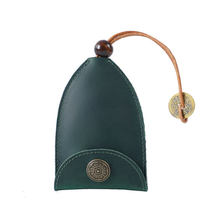Green Vintage Crazy Horse Leather Key Organizer - Handmade Pull-Out Car Key Case & Home Key Holder with Retro Coin Charm.