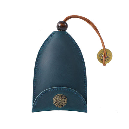 Blue Vintage Crazy Horse Leather Key Organizer - Handmade Pull-Out Car Key Case & Home Key Holder with Retro Coin Charm.