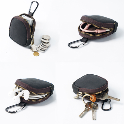 Wine Red Genuine Crazy Horse Leather Mini Coin Purse Zipper Shell Pouch Small Earphone Case Key Holder with Carabiner Clip 8.5cm for Travel.