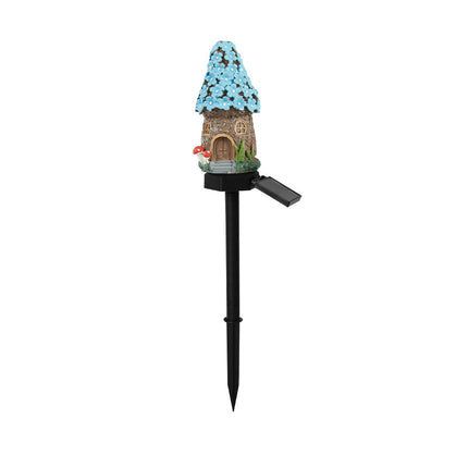 Blue House Solar Powered Mushroom House Garden Stake Lights - Outdoor Waterproof Resin Landscape Decorative Lamps with Warm LED Glow for Patio, Lawn, and Yard.