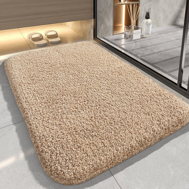Khaki 60*90cm Luxury 3.5cm Shag Bath Mat | Silver Ion Antibacterial Technology | Quick Dry Non-Slip TPR Bathroom Rug.