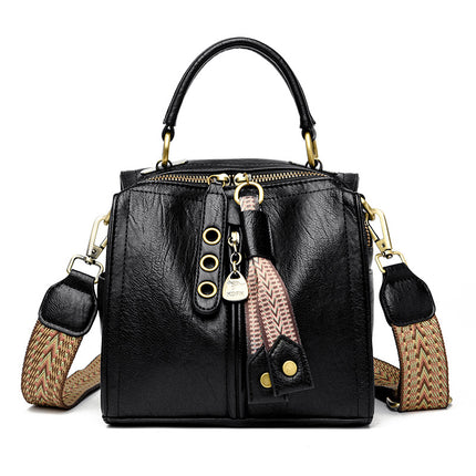 Black Vintage Look PU Leather Box Bag | Stylish Top Handle Crossbody Tote | Multi-Carry Bucket Bag with Wide Strap.