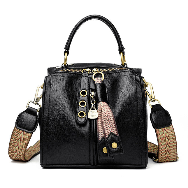 Black Vintage Look PU Leather Box Bag | Stylish Top Handle Crossbody Tote | Multi-Carry Bucket Bag with Wide Strap.