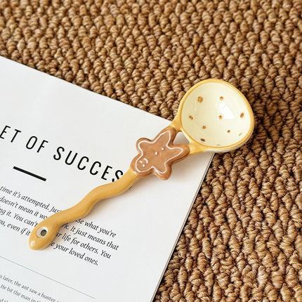 Gingerbread Man Scoop Creative Hand-Painted Ceramic Spoon - Cute Cartoon Bakery Series Long Handle Soup Spoon - High-Quality Underglaze Tableware for Desserts and Coffee.