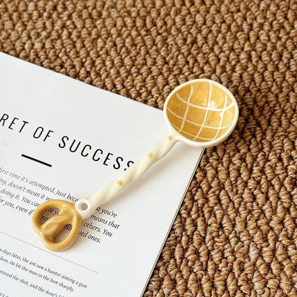 Pineapple Bun Scoop Creative Hand-Painted Ceramic Spoon - Cute Cartoon Bakery Series Long Handle Soup Spoon - High-Quality Underglaze Tableware for Desserts and Coffee.