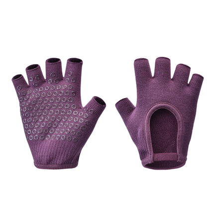 Purple 2-Pack Women's Non-Slip Yoga Gloves - Open Back Half Finger Cotton Stretchy Grip Gloves for Aerial Yoga, Pilates, and Fitness.