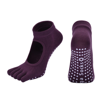 Purple 3-Pack Women's Non-Slip Five-Finger Yoga Socks - Open Back Combed Cotton Pilates & Fitness Grip Socks for Professional Exercise.