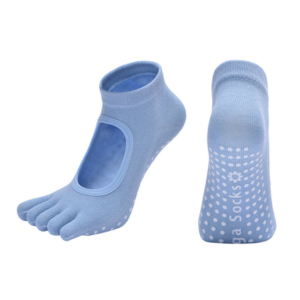 Blue 3-Pack Women's Non-Slip Five-Finger Yoga Socks - Open Back Combed Cotton Pilates & Fitness Grip Socks for Professional Exercise.