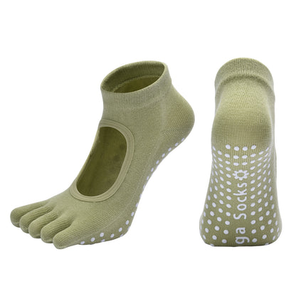 Green 3-Pack Women's Non-Slip Five-Finger Yoga Socks - Open Back Combed Cotton Pilates & Fitness Grip Socks for Professional Exercise.