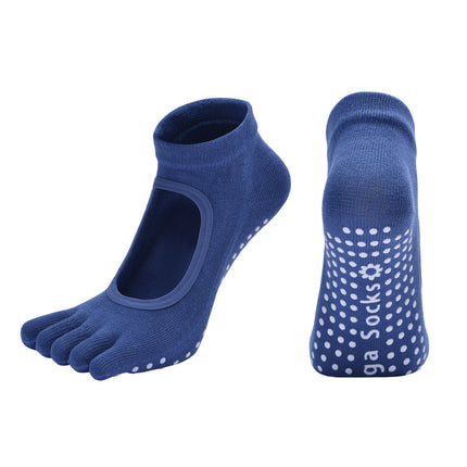 Dark Blue 3-Pack Women's Non-Slip Five-Finger Yoga Socks - Open Back Combed Cotton Pilates & Fitness Grip Socks for Professional Exercise.