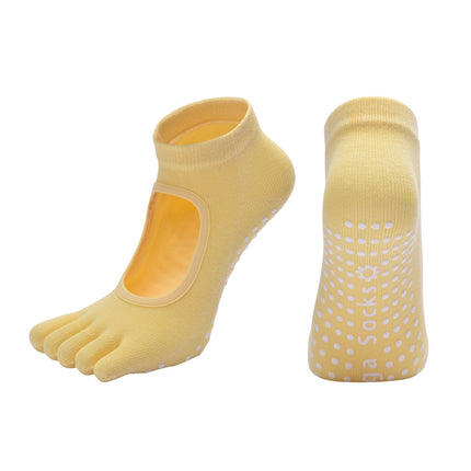 Yellow 3-Pack Women's Non-Slip Five-Finger Yoga Socks - Open Back Combed Cotton Pilates & Fitness Grip Socks for Professional Exercise.